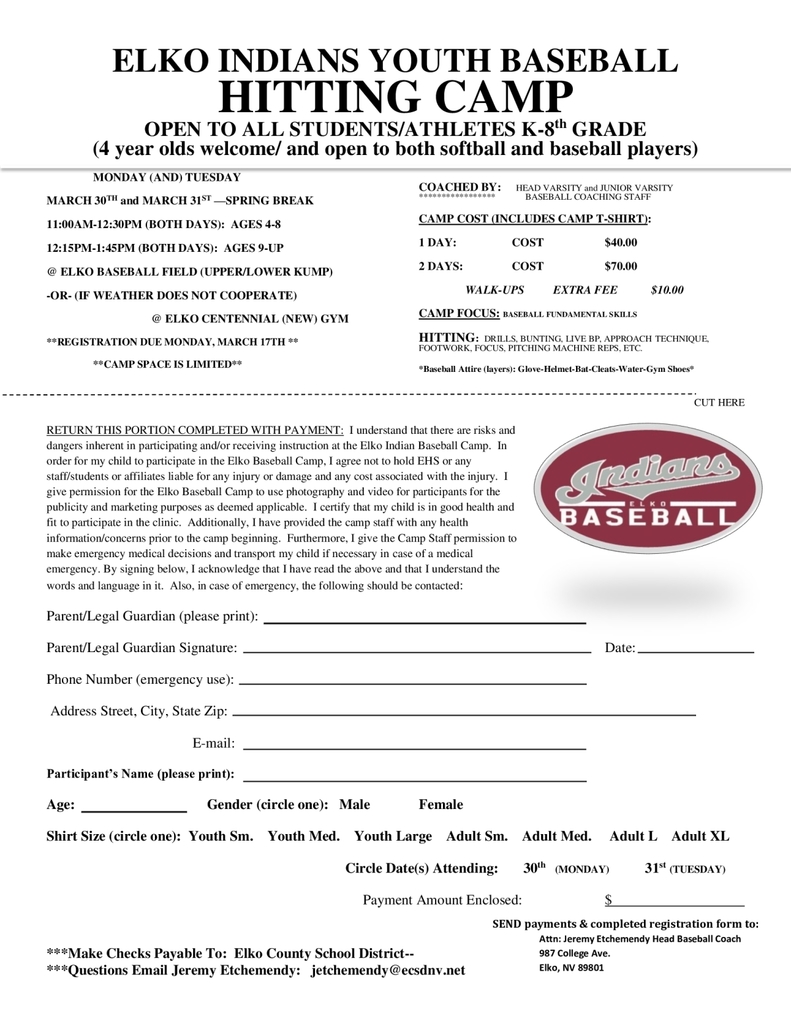 EHS youth Baseball Hitting Camp sign up