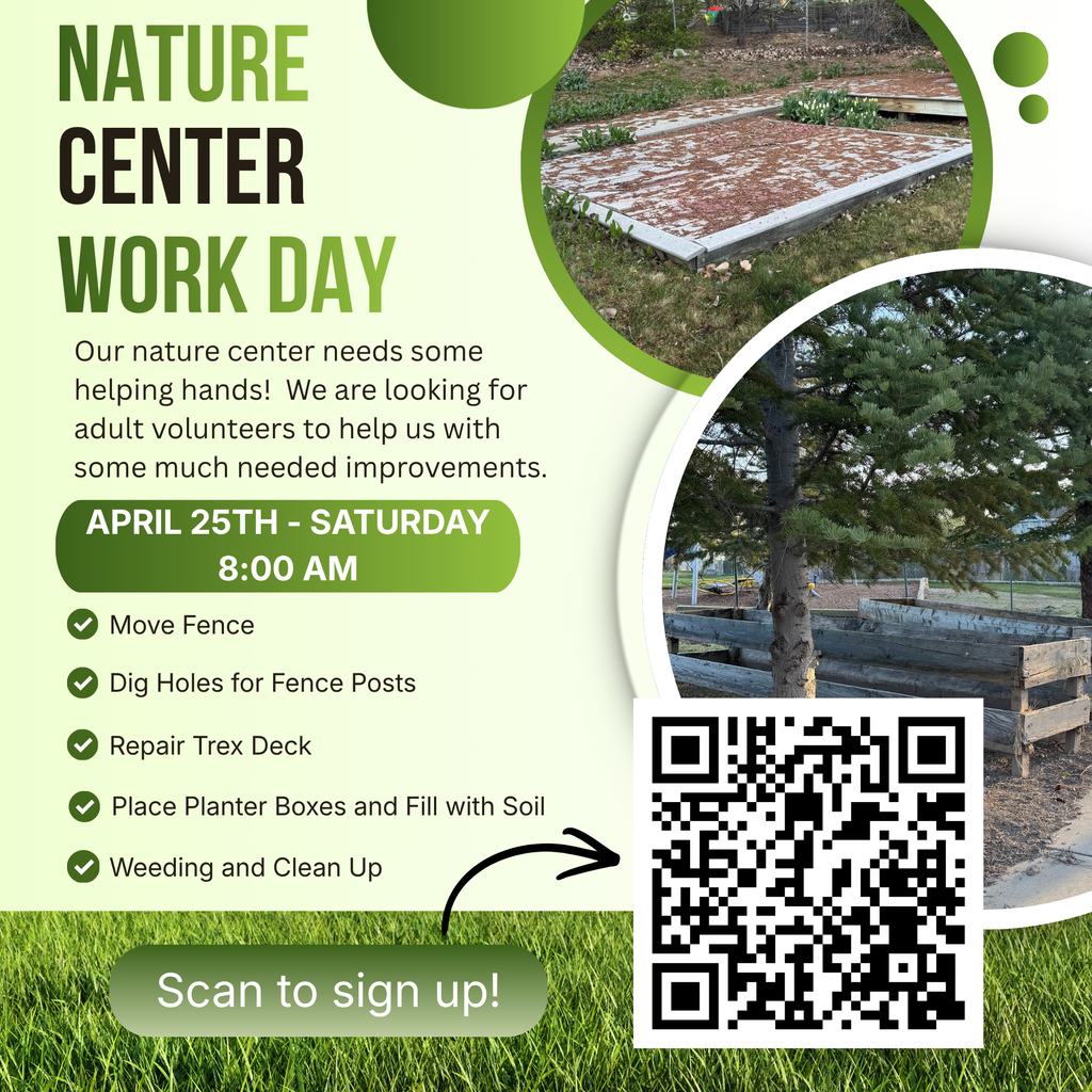 We invite community helpers to join us in making improvements to our Nature Center this SATURDAY, April 25!   Let us know you'll help by scanning the QR code or clicking here:  https://www.signupgenius.com/go/20F0F4EAAAC22A6FA7-63524114-nature?useFullSite=true#/