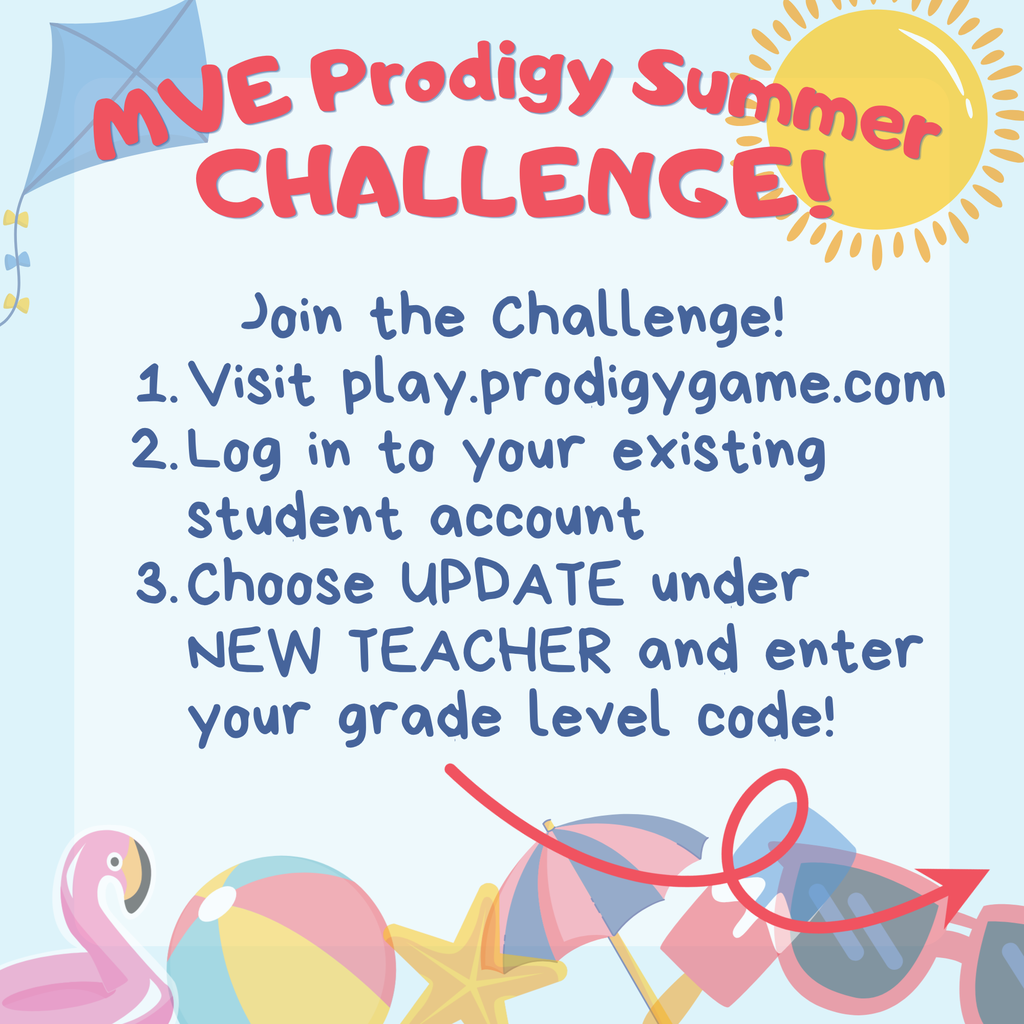 Join the Challenge! Visit play.prodigygame.com Log in to your existing student account Choose UPDATE under NEW TEACHER and enter your grade level code! Use the code for the grade your student  will be attending in the fall: if your child will be in 1st Grade: 900846D 2nd Grade: 94E202E 3rd Grade: D935E40 4th Grade: 65771C2 5th Grade: 93554A4