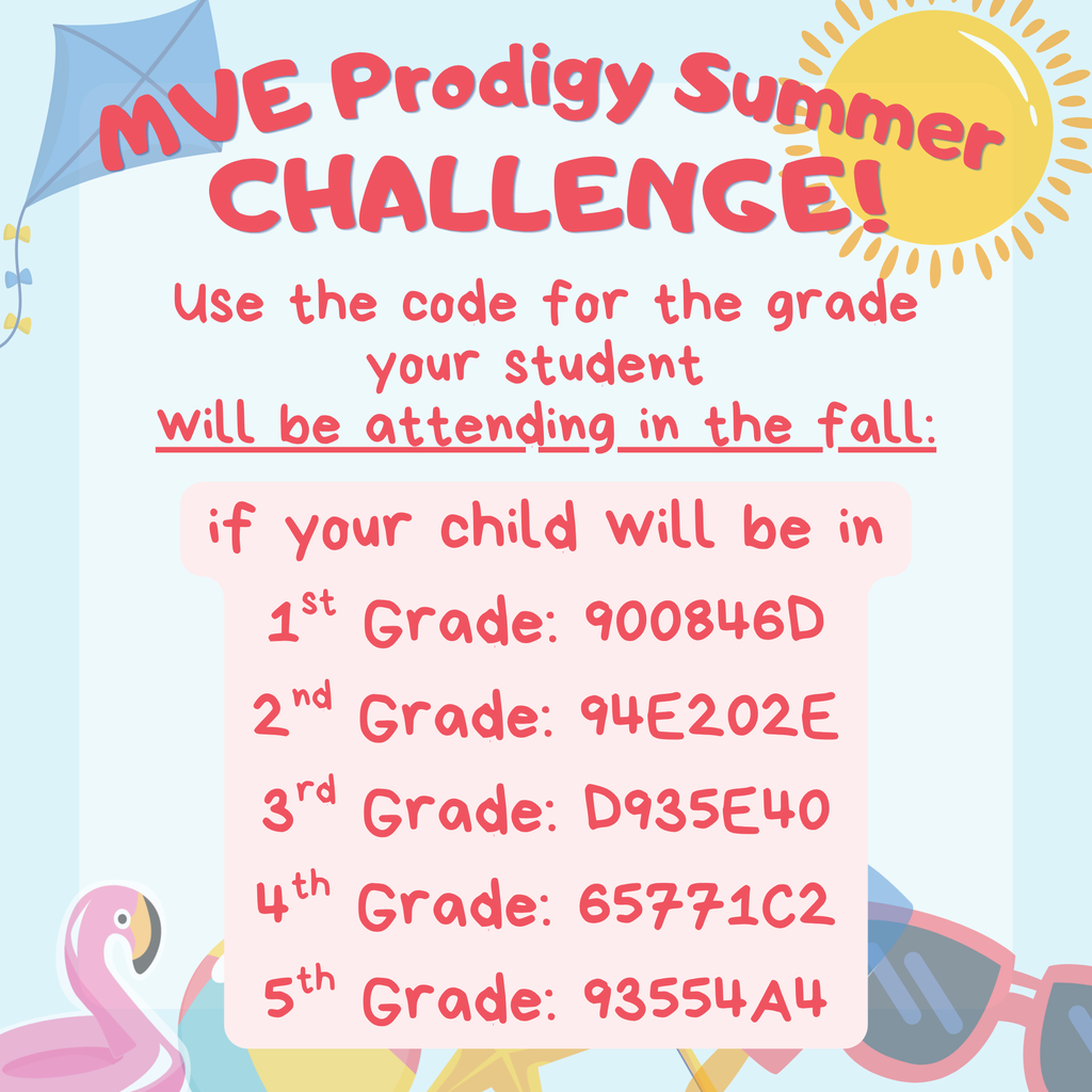 Join the Challenge! Visit play.prodigygame.com Log in to your existing student account Choose UPDATE under NEW TEACHER and enter your grade level code! Use the code for the grade your student  will be attending in the fall: if your child will be in 1st Grade: 900846D 2nd Grade: 94E202E 3rd Grade: D935E40 4th Grade: 65771C2 5th Grade: 93554A4