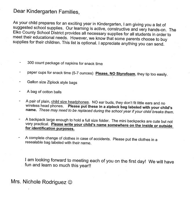 Kindergarten supply list