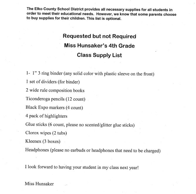 Hunsaker supply list