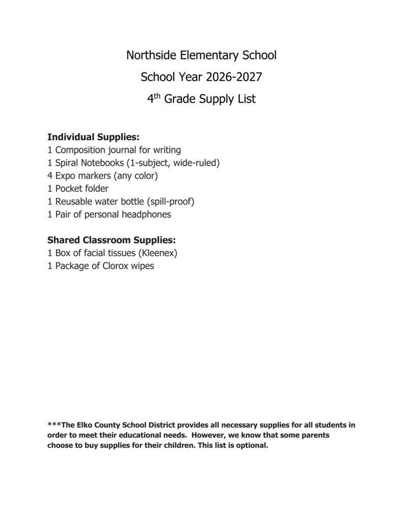 4th Grade Supply List