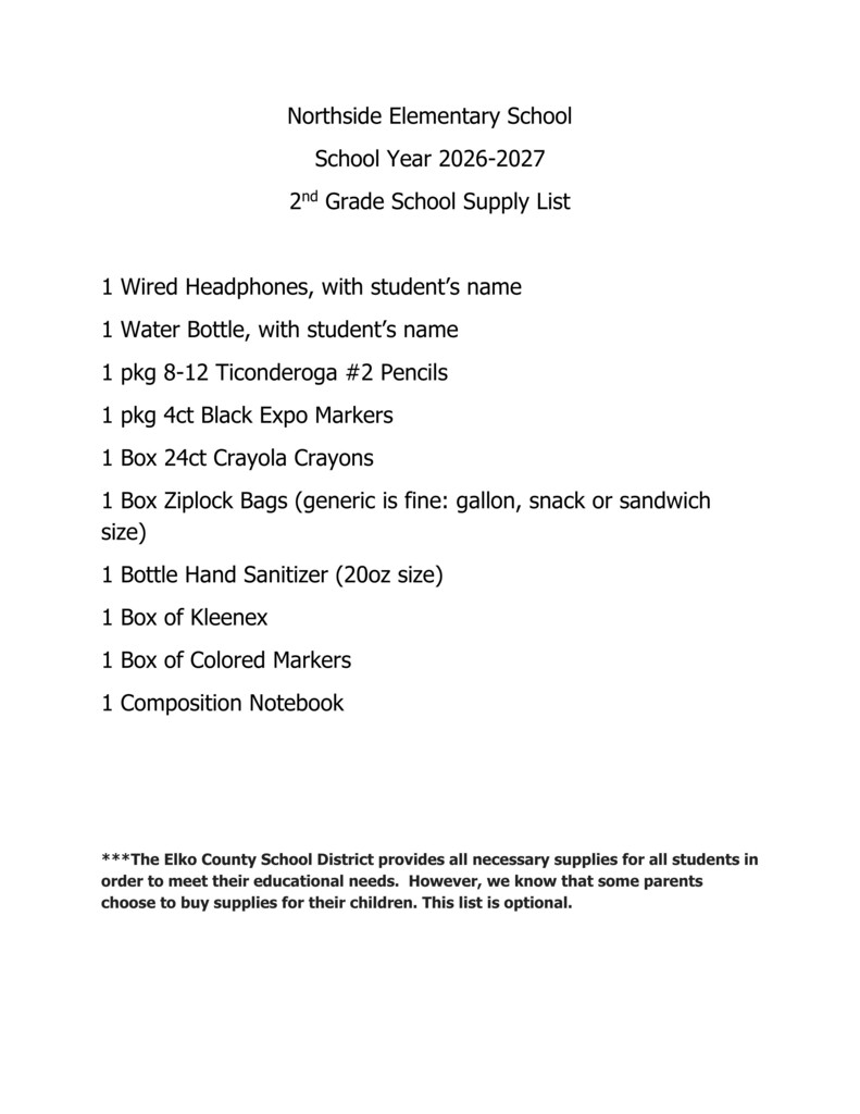 2nd Grade Supply List