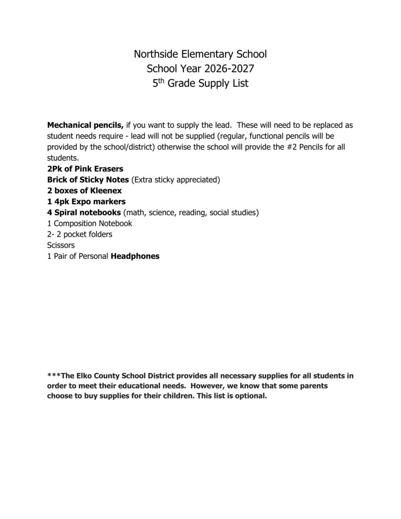 5th Grade Supply List