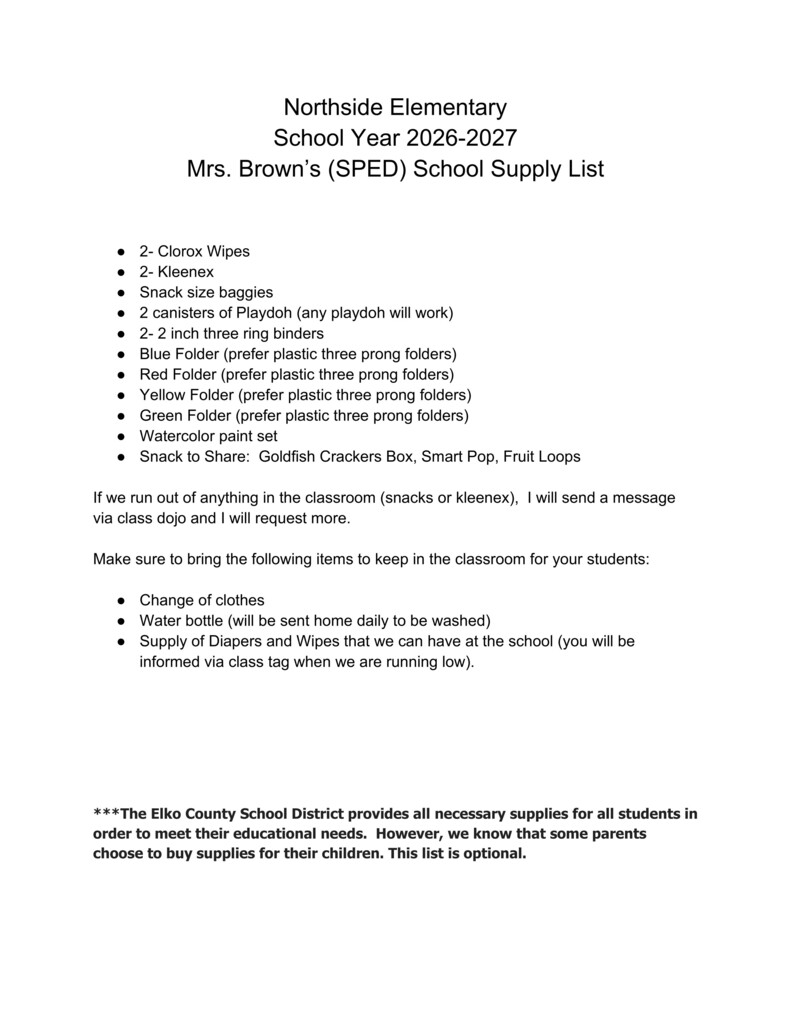Mrs. Brown's (SPED) Supply List