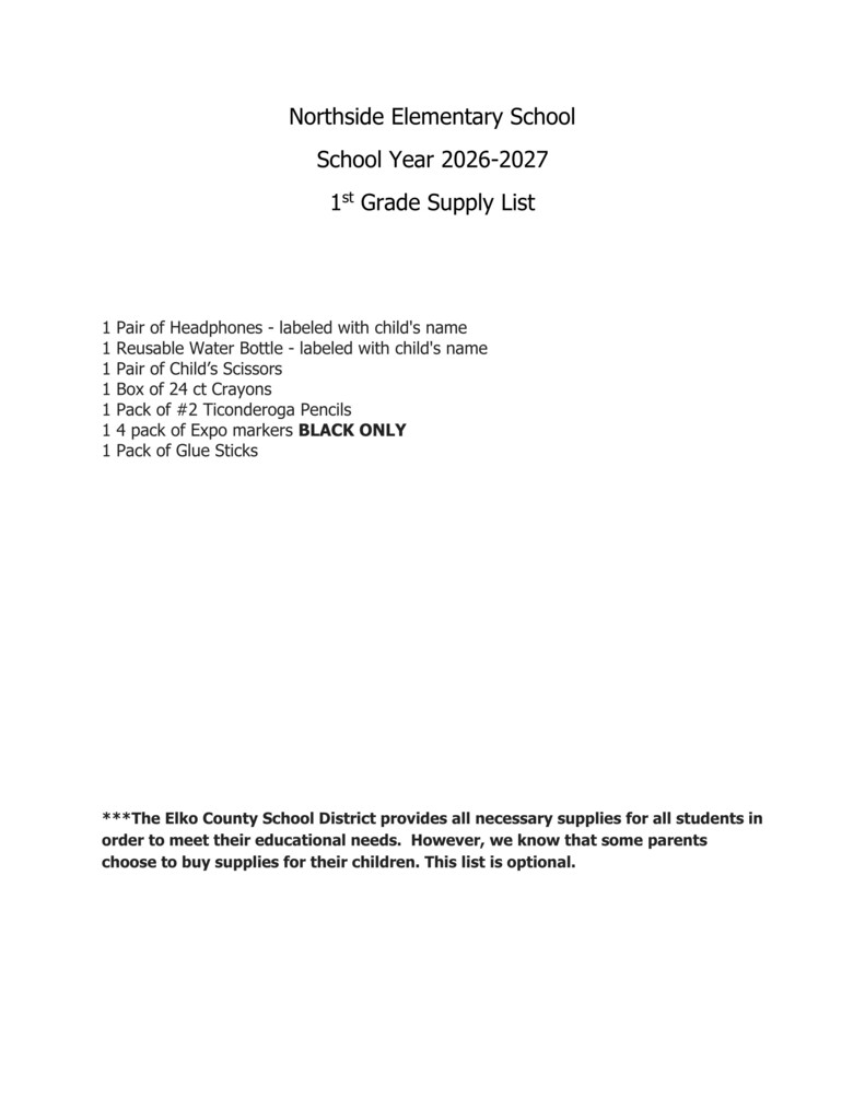 1st Grade Supply List