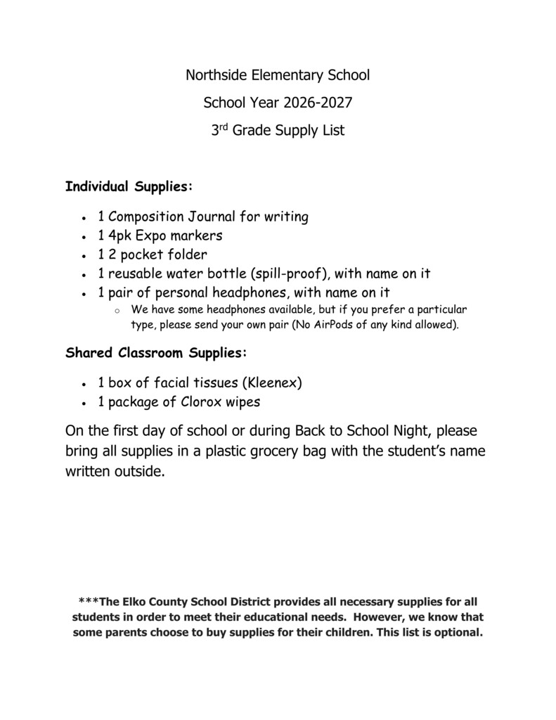 3rd Grade Supply List