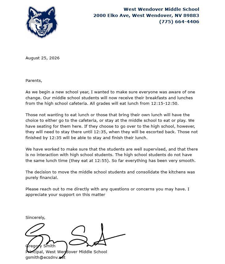 Letter to parents notifying that WWMS lunch is now held over at the high school