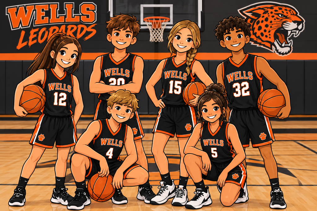 cartoon of basketball players for Wells Leopards