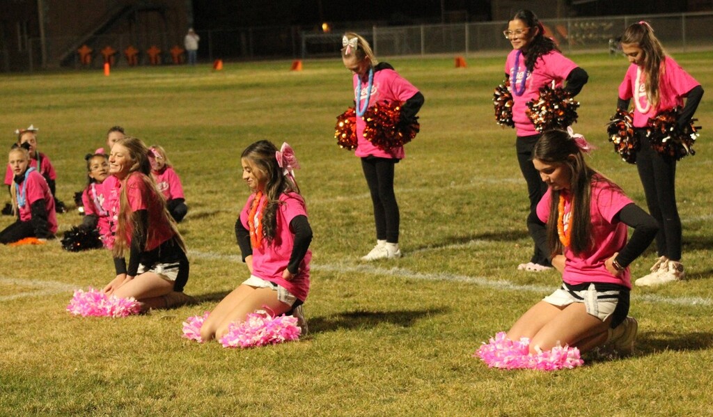Wells High cheerleaders working with the mini cheerleaders during half time of the Wells Leopards vs Pyramid Lake Lakers football game