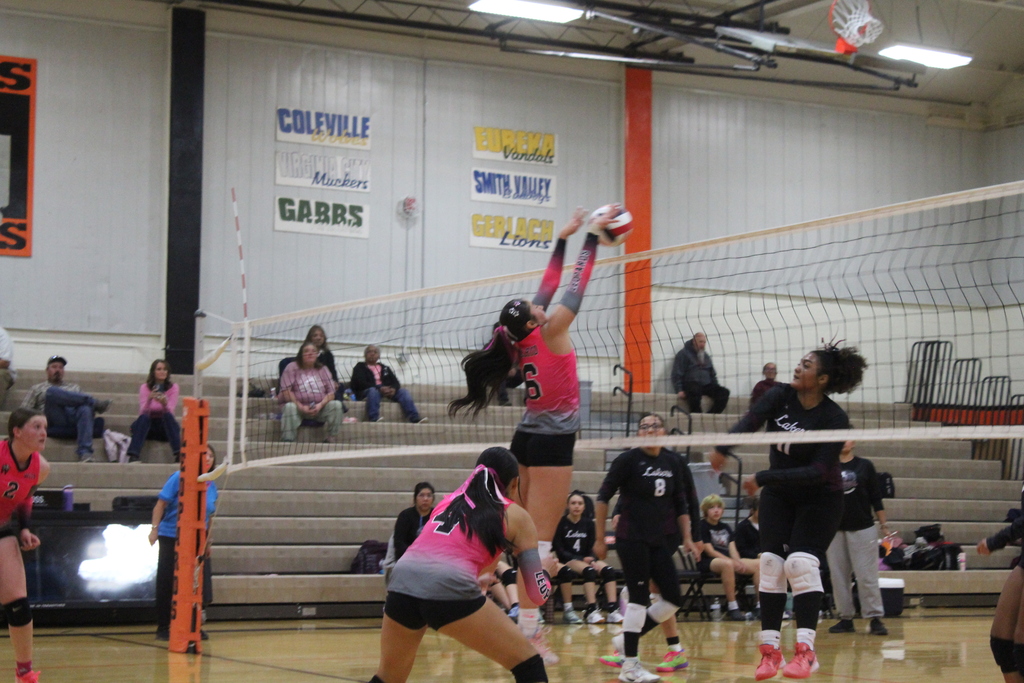 Wells High School Lady Leopard volleyball players vs the Pyramid Lake Lady Lakers volleyball players.
