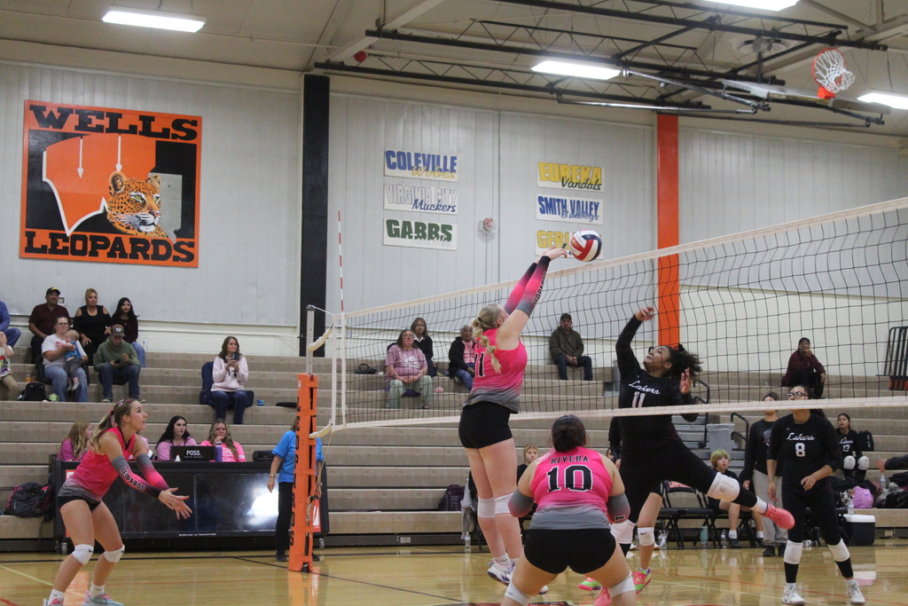Wells High School Lady Leopard volleyball players vs the Pyramid Lake Lady Lakers volleyball players.