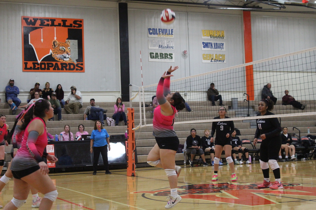 Wells High School Lady Leopard volleyball players vs the Pyramid Lake Lady Lakers volleyball players.