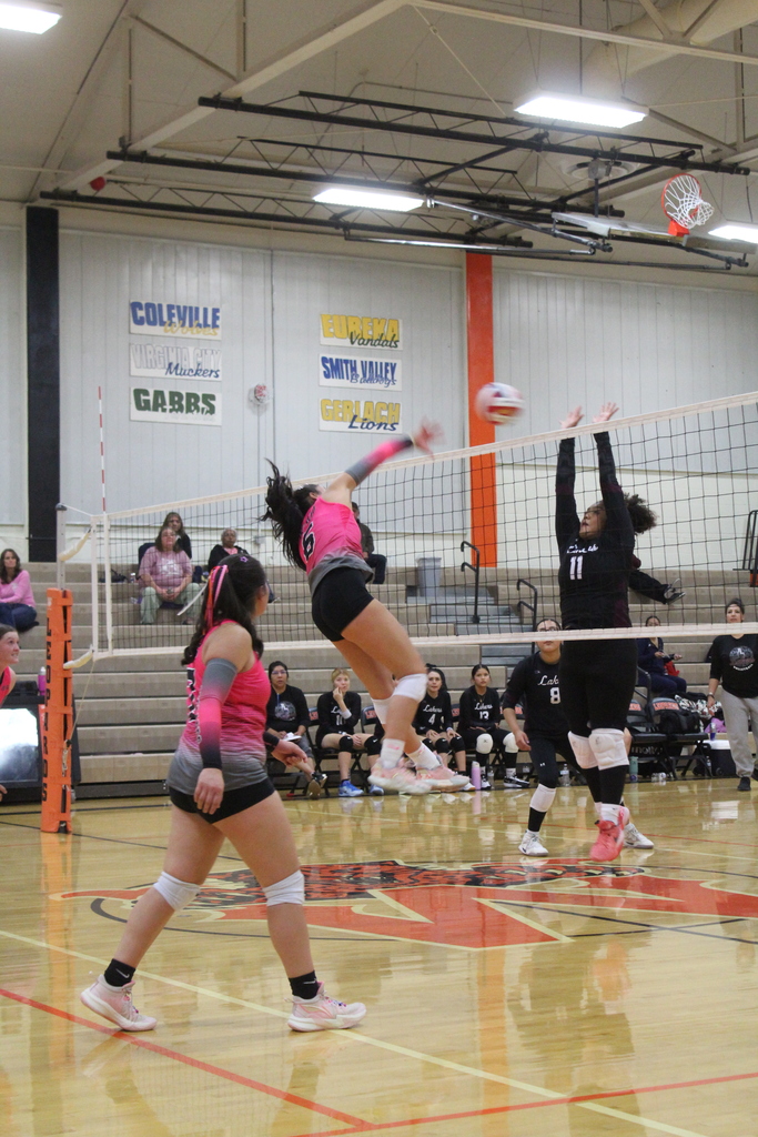 Wells High School Lady Leopard volleyball players vs the Pyramid Lake Lady Lakers volleyball players.
