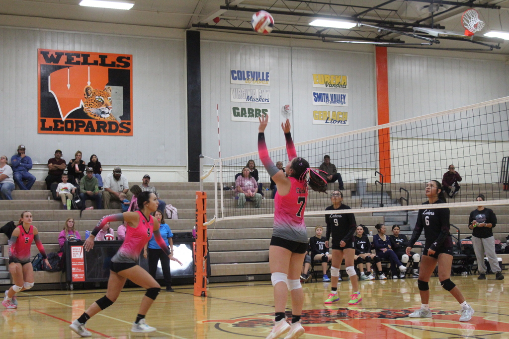 Wells High School Lady Leopard volleyball players vs the Pyramid Lake Lady Lakers volleyball players.