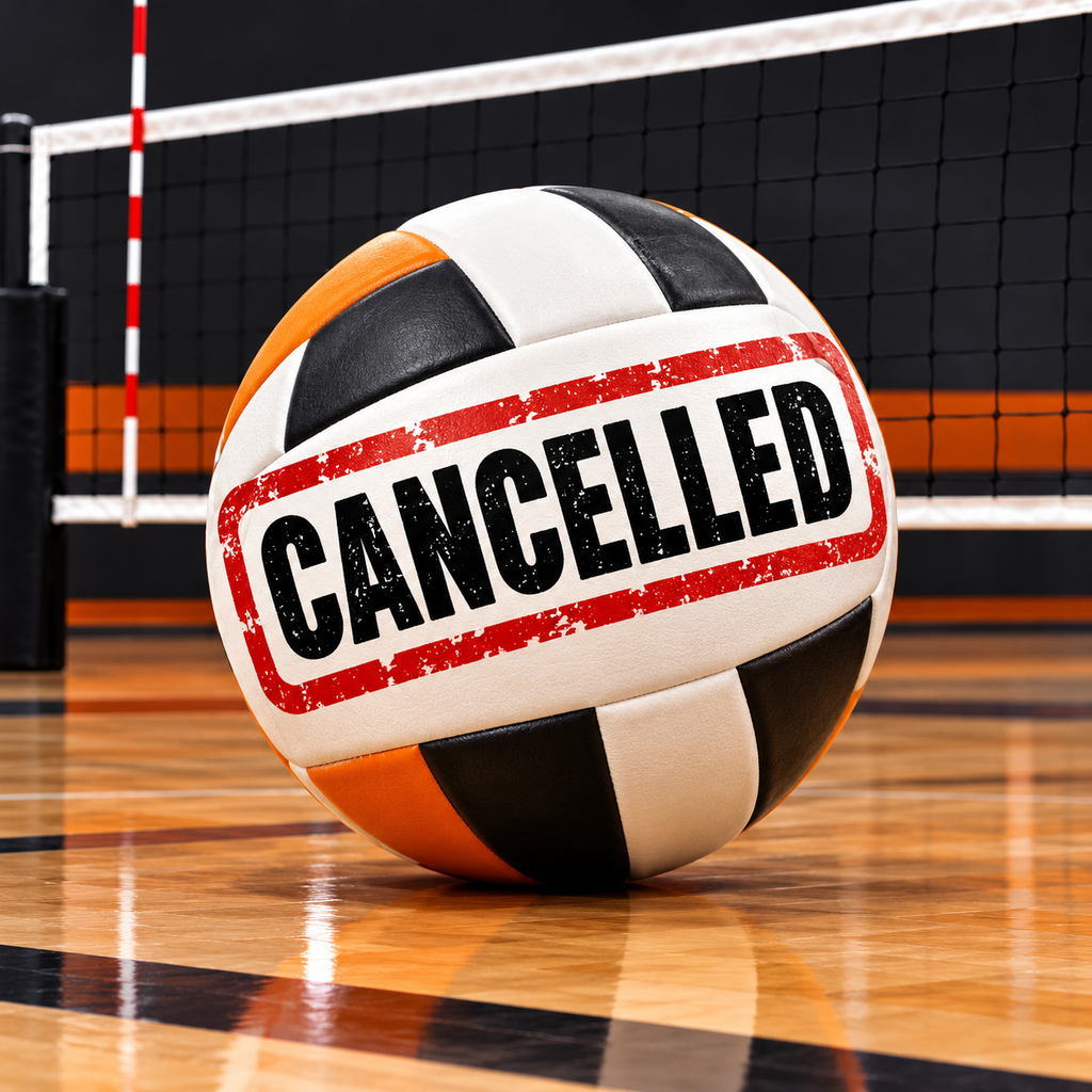 Picture of a volleyball with the word cancelled writtten cross it. 
