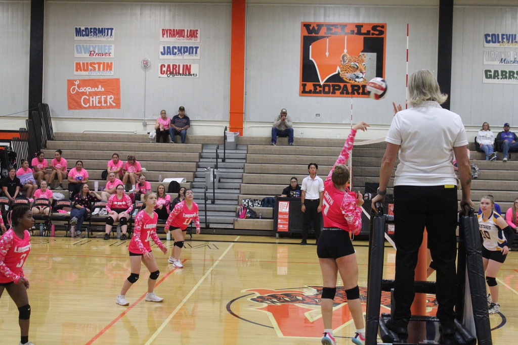 Wells High School JV girls volleyball team members playing against the Lund High School JV volleyball girls