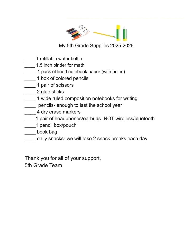 school supply list 5th gr