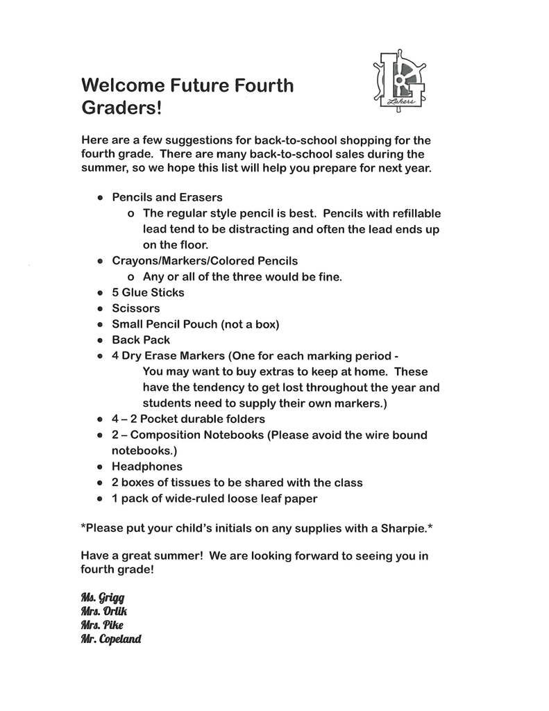 school supply list 4th gr