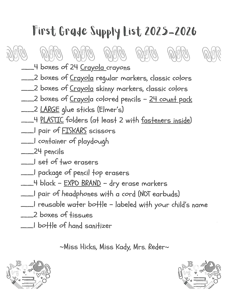 school supply list 1st gr