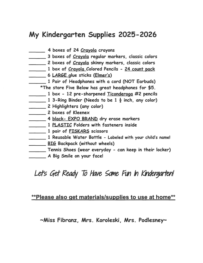 school supply list K