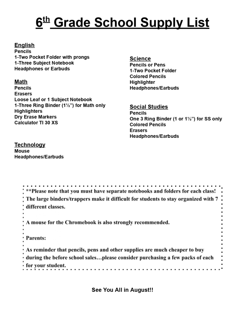 6th grade supply list