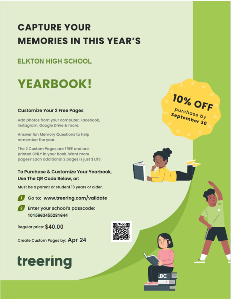 If you would like to purchase your student an EHS yearbook for the 25-26 school year, you can receive a 10% discount if you make that purchase online before October 30th. The flyer says September 30th, but it's end of October. Now is a great time to take that opportunity to make that purchase of 10% off the $40 cover price!