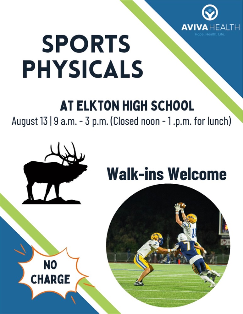 Aviva Health will be at the Elkton High School on August 13th from 9:00 a.m. to 3:00 p.m. (Closed noon - 1 pm for lunch) to provide NO CHARGE sports physicals on a walk-in basis.