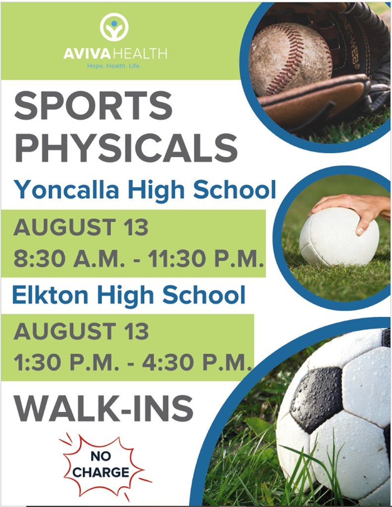 If your student is in need of a new sports physical, Aviva Health will be at Elkton High School on August 13 from 1:30-4:30 to provide them at no charge. Sports physicals are good for 2 years from the date your last one was obtained. Current sports physicals are required to be on file before participating in conditioning or practices