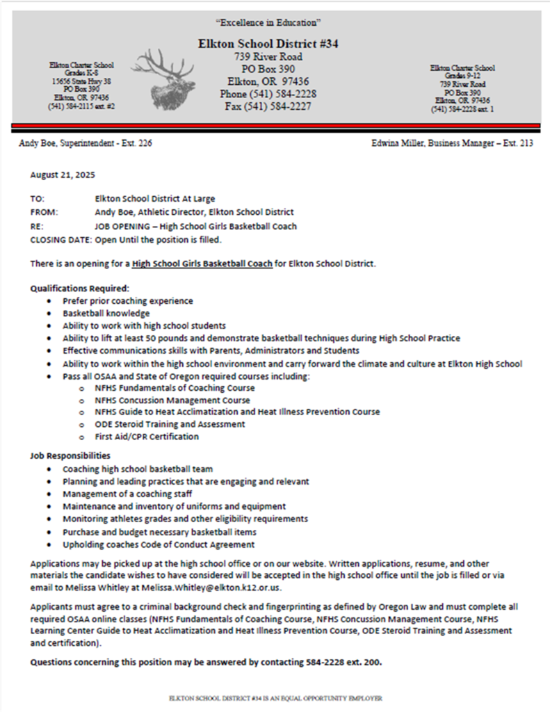 High School Girls Basketball Coach Position