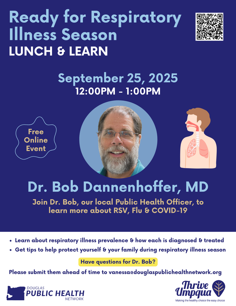 The Elkton Community Education Center will host several health events that are open to our community. Please check out the Lunch and Learn on September 25th featuring Dr. Dannenhoffer in an online event to learn more about RSV, flu & COVID-19. This is a free event beginning at 11:30 with a meal, noon webinar and 1:00 pm discussion.   On Friday, September 26th  Umpqua Health/Newton Creek Clinic, will be present for its monthly primary care and lab draw services. Please see the flyer for visit details.   Please note these are ECEC activities that are advertised by the Elkton School District and not Elkton School District sanctioned activities. 