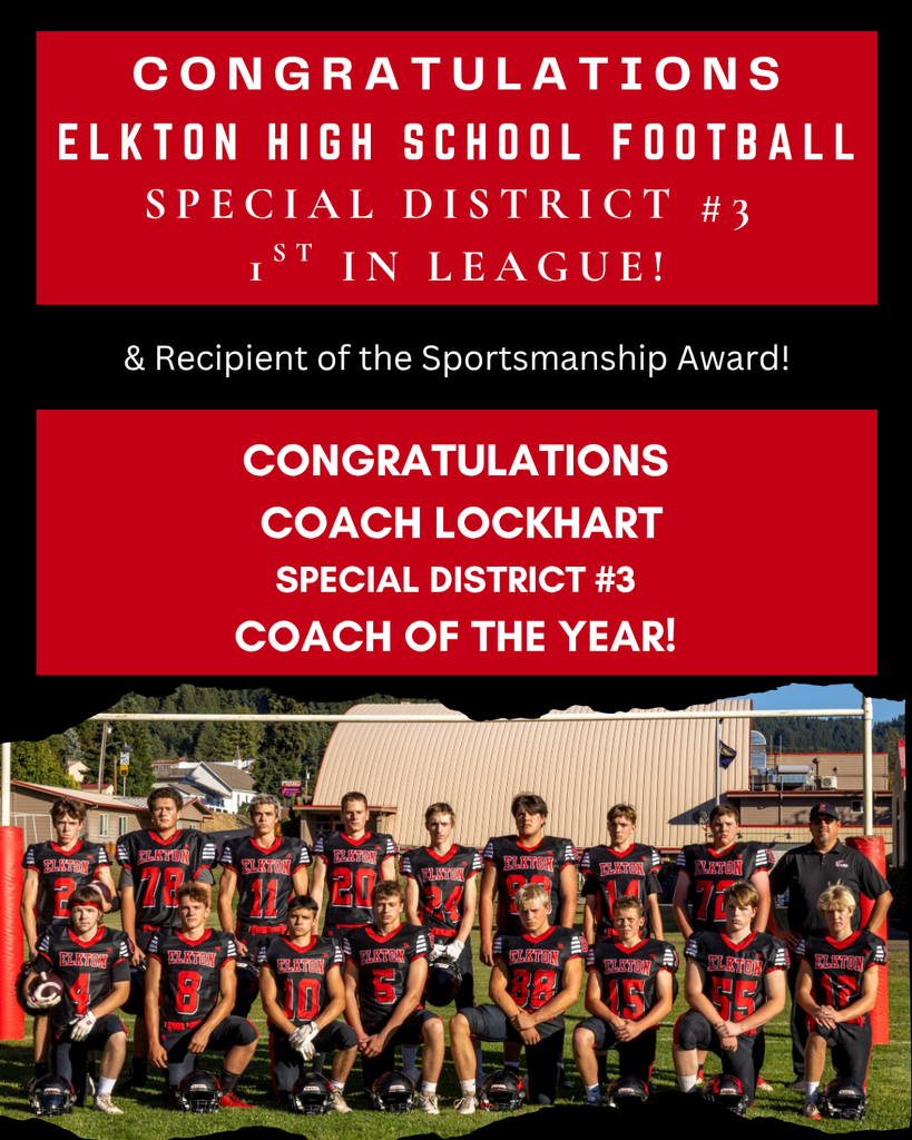 CONGRATULATIONS to the Elkton High School Football Team for earning the Special District #3 Sportsmanship Award and finishing 1st In League !  CONGRATULATIONS to Mr. Jeremy Lockhart for being chosen Special District #3 Coach of the Year!  The Elks will host a crossover game soon. That date will be announced soon. 