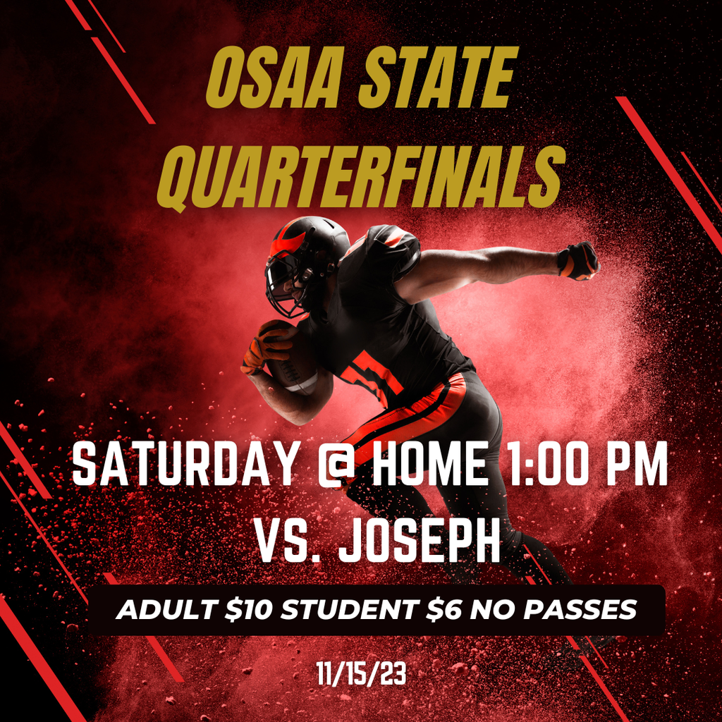 GO BIG RED! Come out to Saladen Field this Saturday to root on your Elkton Elks Football Team as they host Joseph at 1:00 p.m. for the OSAA State Playoff Quarterfinals.   *Admission is $6 per student and $10 per adult. Family admission passes cannot be honored during this OSAA event. Only Gold Card and OSAA passes are accepted."  The OSAA playoff games can be watched on the NFS Network On NFHS network: https://console.nfhsnetwork.com/nfhs-events/#/events/gamf0a75cce83. A subscription is required.  The OSAA 2025 1A (6) Man Football State Championship Bracket, OSAA tickets/Shop State Championship Event Tickets, OSAA State Championships QR Code to Purchase Tickets, and OSAA Gameday Information Tickets, Programs, Merchandise, Results, Schedules links can be found on our website at https://www.elkton.k12.or.us/page/athletic-schedules.