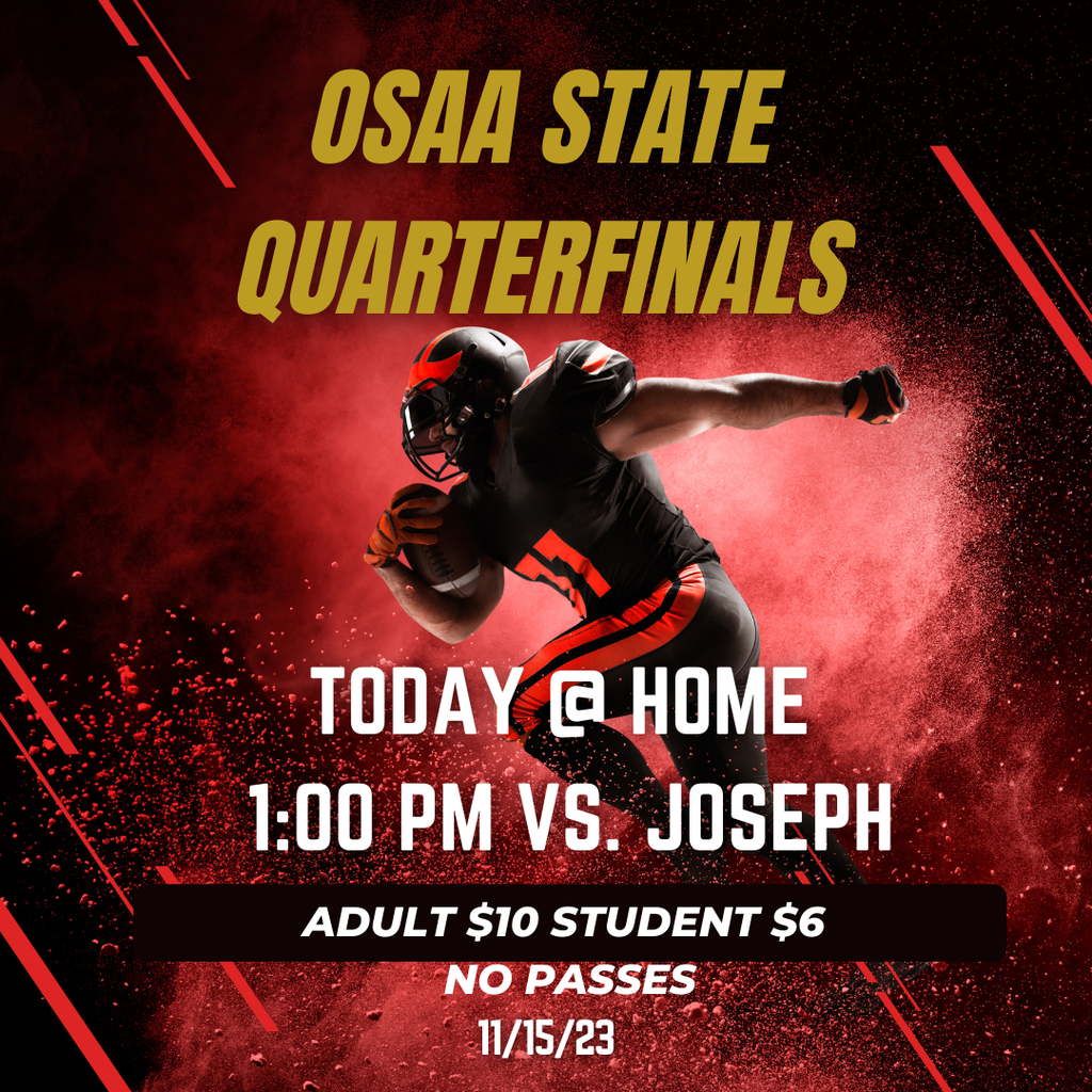 LET'S GO BIG RED!! Come root on your Elkton High Football Team as they host Joseph today at 1:00 p.m. at Saladen Field for the OSAA Quarterfinals.   Admission is $10 per adult, $6 per child, family passes cannot be honored for this OSAA event. Gold cards and OSAA passes are accepted.  The OSAA playoff games can be watched on the NFS Network On NFHS network: https://console.nfhsnetwork.com/nfhs-events/#/events/gamf0a75cce83. A subscription is required.  The OSAA 2025 1A (6) Man Football State Championship Bracket, OSAA tickets/Shop State Championship Event Tickets, OSAA State Championships QR Code to Purchase Tickets, and OSAA Gameday Information Tickets, Programs, Merchandise, Results, Schedules links can be found on our website at https://www.elkton.k12.or.us/page/athletic-schedules.