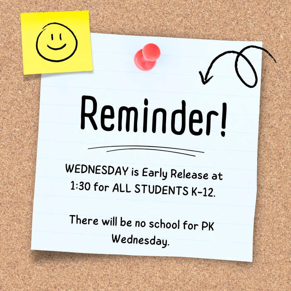 arly Release for K-12 this Wednesday at 1:30. There will be no school for preschool on Wednesday.