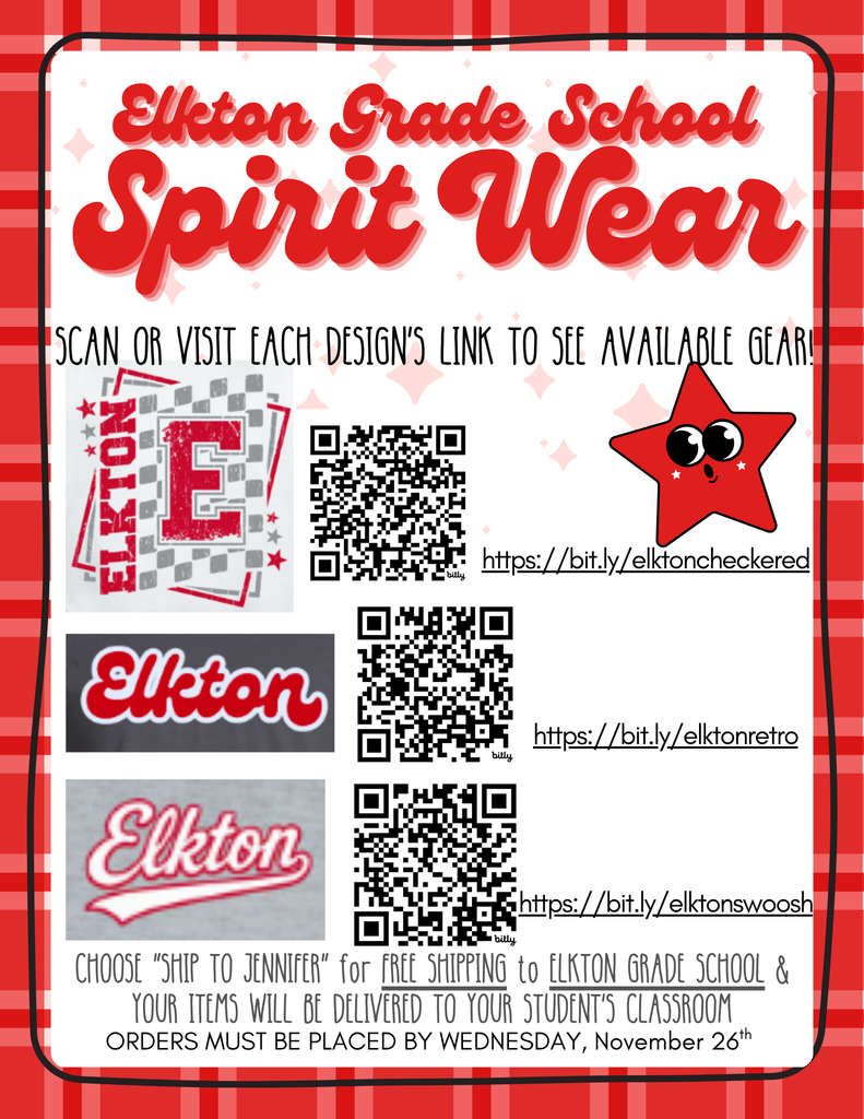 Group orders are ready to go on Custom Ink! There are three different links for three different designs. Each design has its own bit.ly link and QR code. The orders close on November 26th and will be delivered before winter break. Though the flyer says Grade School Spirit Wear, it is open to everyone!