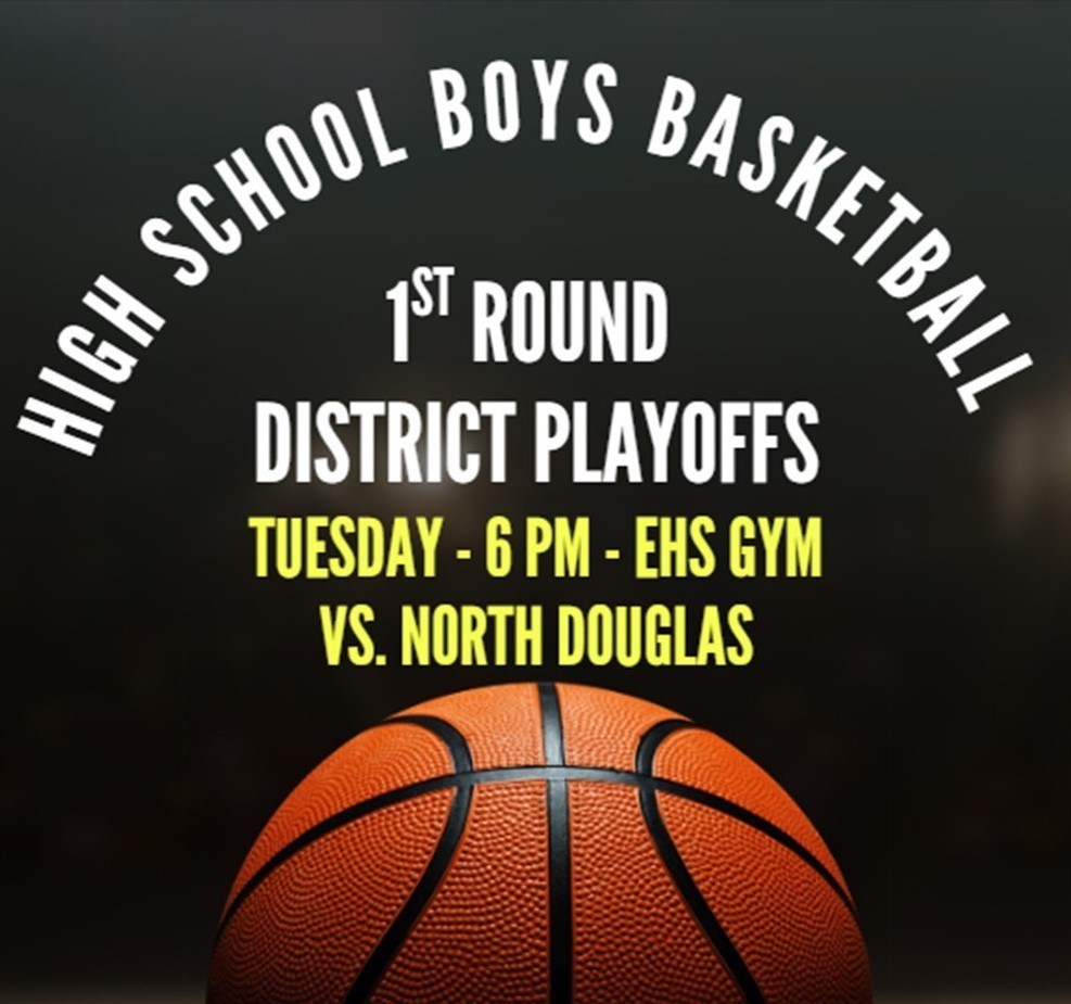 LET'S GO ELKS!  The EHS Boys Basketball team will host North Douglas Tuesday at 6:00 pm for the first round of the Skyline District Playoffs.    Wear your RED, show your Elkton Pride, and come root on the Elks!