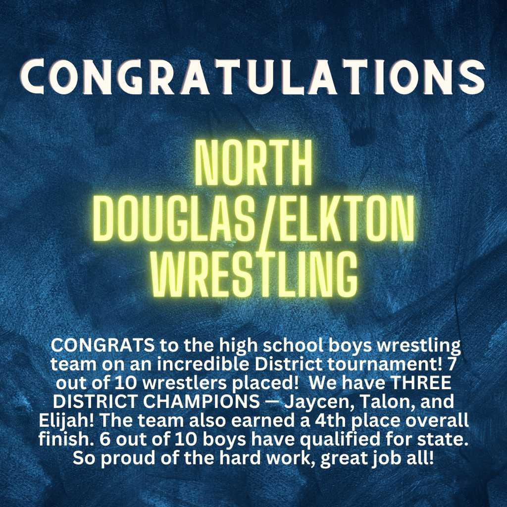 CONGRATS to the high school boys wrestling team on an incredible District tournament! 7 out of 10 wrestlers placed!  We have THREE DISTRICT CHAMPIONS — Jaycen, Talon, and Elijah! The team also earned a 4th place overall finish. 6 out of 10 boys have qualified for state. So proud of the hard work, great job all!