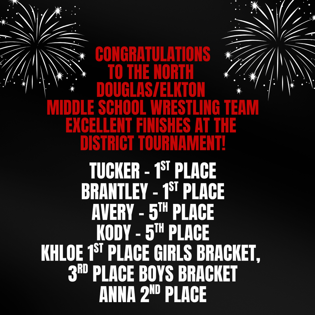 CONGRATULATIONS tO THE nORTH  dOUGLAS/eLKTON  mIDDLE sCHOOL wRESTLING tETUCKER - 1ST PLACE BRANTLEY - 1ST PLACE AVERY - 5TH PLACE KODY - 5TH PLACE KHLOE 1ST PLACE GIRLS BRACKET,  3RD PLACE BOYS BRACKET ANNA 2ND PLACEAM eXCELLENT fINISHES AT THE  DISTRICT TOURNAMENT!  