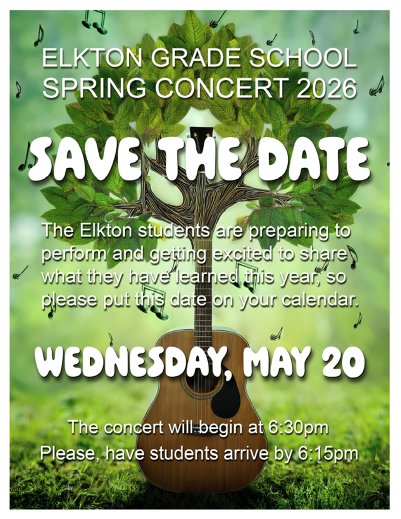 JOIN US for the Elkton Charter School Spring Concert Wednesday evening at 6:30 p.m. in the grade school gymnasium.  All are welcome!