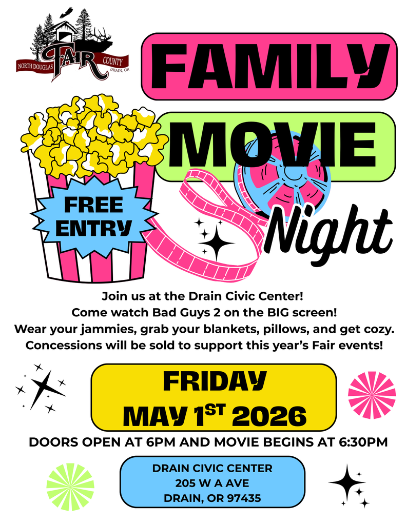 Free Family Movie Night this Friday May 1st at the Drain Civic Center! Doors Open at 6pm and Movie Begins at 6:30pm!