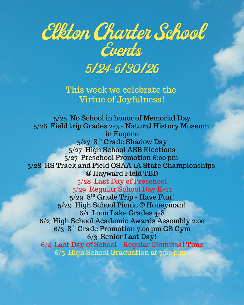 Elkton Charter School events for the weeks of 5/24-6/5/26.
