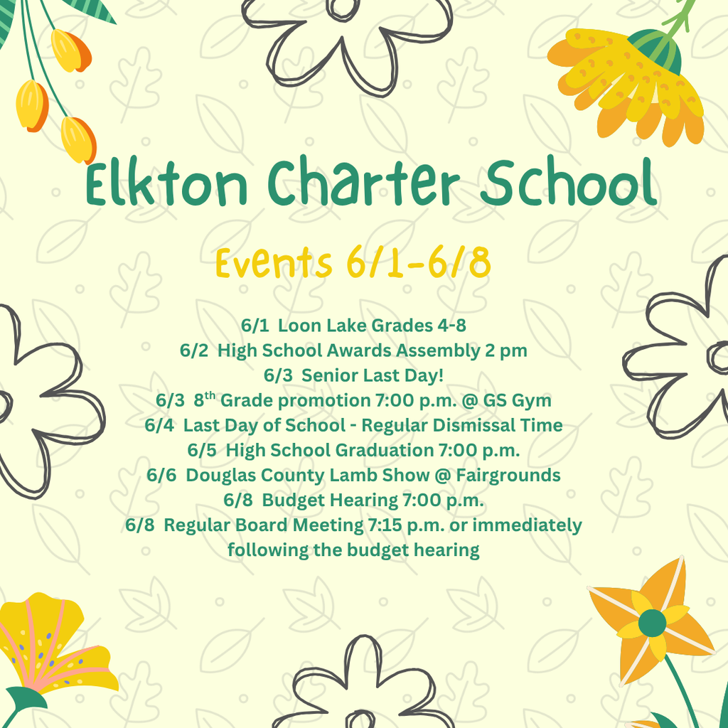 6/1 Loon Lake Grades 4-8 6/2 High School Awards Assembly 2 pm 6/3 Senior Last Day! 6/3 8th Grade promotion 7:00 p.m. @ GS Gym 6/4 Last Day of School - Regular Dismissal Time 6/5 High School Graduation 7:00 p.m. 6/6 Douglas County Lamb Show @ Fairgrounds 6/8 Budget Hearing 7:00 p.m. 6/8 Regular Board Meeting 7:15 p.m. or immediately following the budget hearing