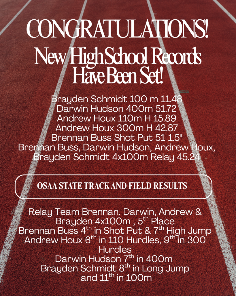 CONGRATULATIONS to all of our athletes for such a successful track and field season, and a special Hoorah to our record breakers and state championship finishers!