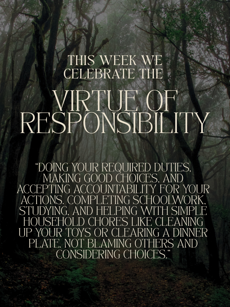 “Doing your required duties, making good choices, and accepting accountability for your actions. completing schoolwork, studying, and helping with simple household chores like cleaning up your toys or clearing a dinner plate. not blaming others and considering choices.”