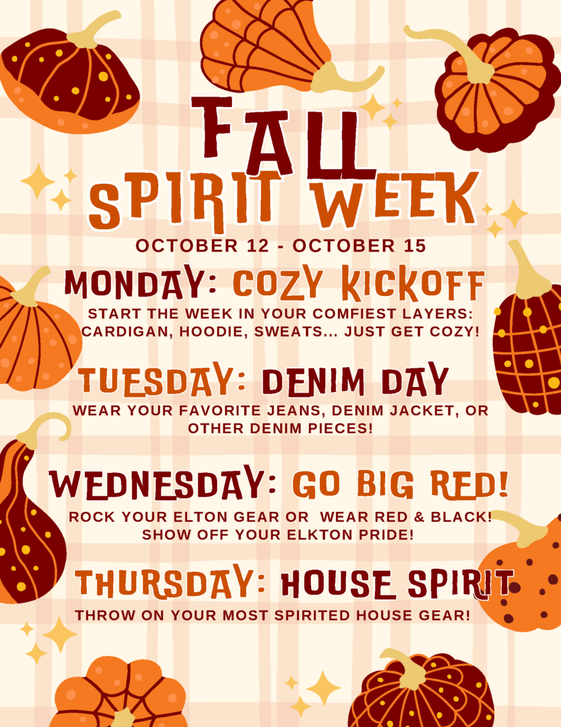 Elkton Charter School will be filled with school spirit this week! The grade school will celebrate with a Fall Spirit Celebration and the high school will usher in Homecoming Week with daily spirit themed days and class competitions to earn points pursuing the coveted Spirit Jug!