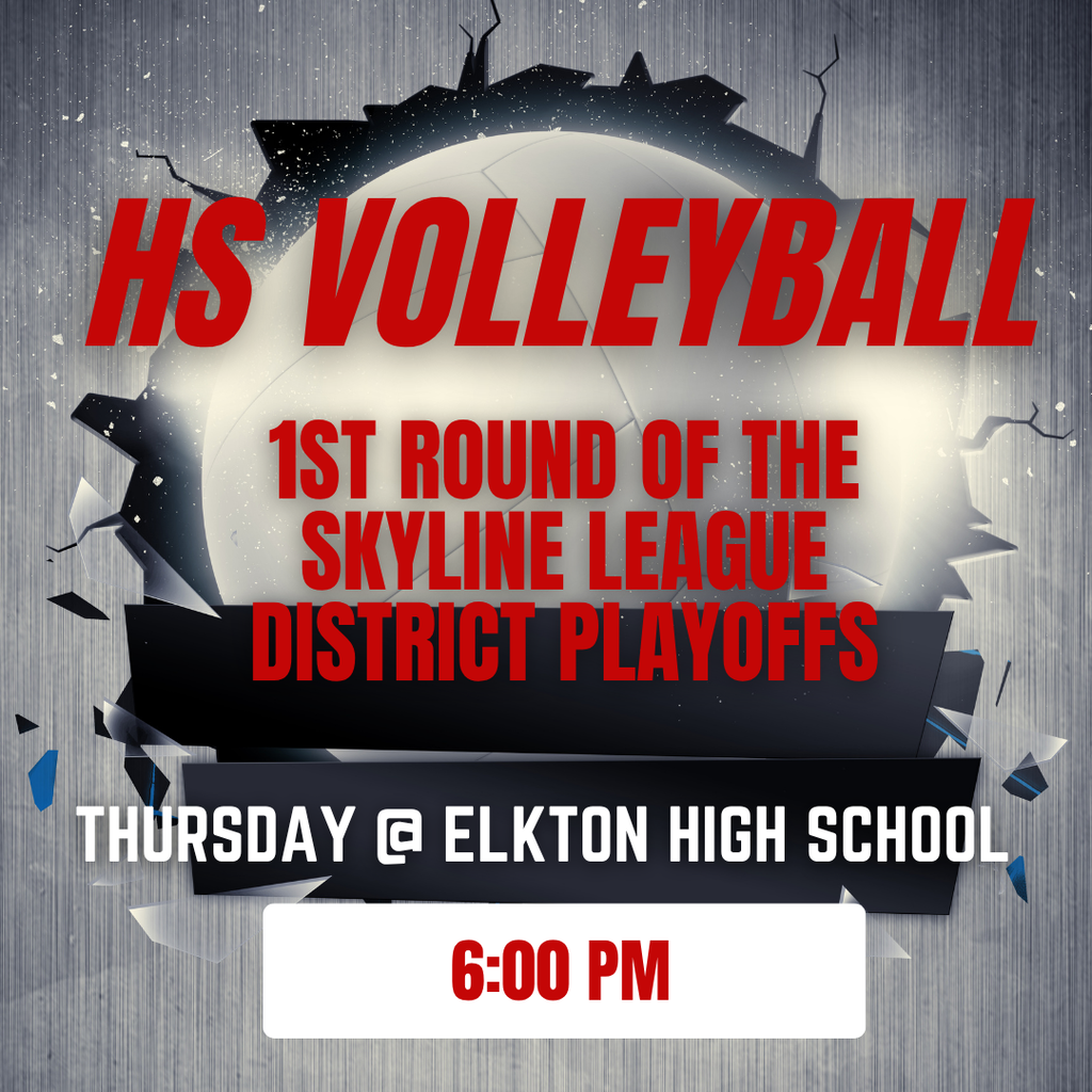 Our Elkton High School Volleyball Team will host Riddle this Thursday for the first round of the Skyline League District Playoffs. Wear your red and white and come cheer on your team at 6:00 p.m.! GO BIG RED!