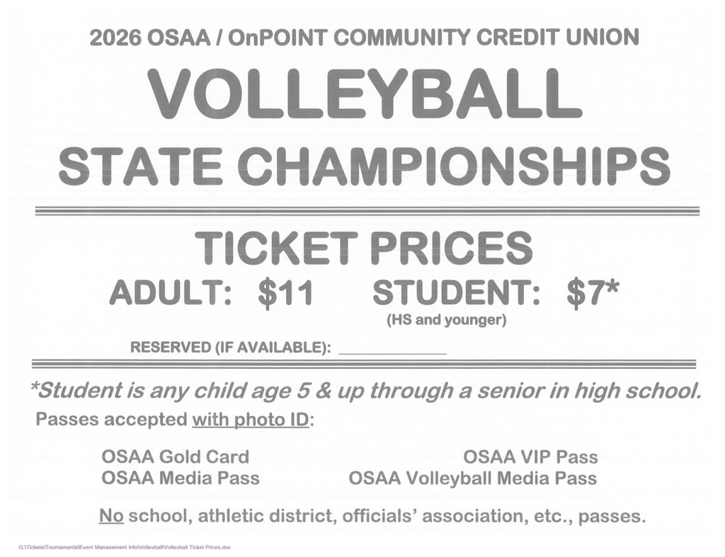Elkton High School Volleyball Team will host the first round of OSAA Volleyball State Playoffs on Wednesday at 6:00 p.m. Elks vs. C.S. Lewis Academy. Ticket prices are $7 for students, high school and younger, and $11 for adults. OSAA Gold Card, OSAA media Pass, OSAA VIP Pass and OSAA Volleyball Media Pass are accepted with photo ID. No school, athletic district, officials' association, etc., passes will be accepted. You can prepurchase tickets using the QR code in the attached flyer, or pay at the admission counter. This is an OSAA sanctioned event, therefore we must charge the OSAA ticket prices.