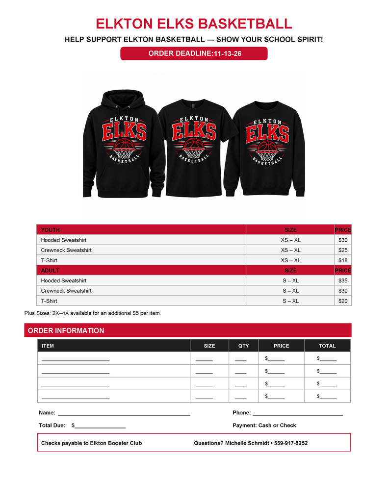 The Elkton Booster Club is taking orders for Elkton Elks Basketball School Spirit shirts/sweatshirts. You can find the order form on our website at https://aptg.co/4xYvbj. Checks are to be made out to the Elkton Booster Club and the order deadline is November 13th. Order forms and payment can be dropped off to the grade school and high school offices.